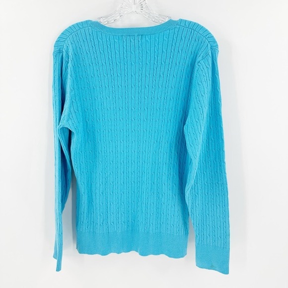 Eddie Bauer Blue V-Neck Long Sleeve Cable Knit Pullover Sweater Size Large FLAW - Picture 2 of 10